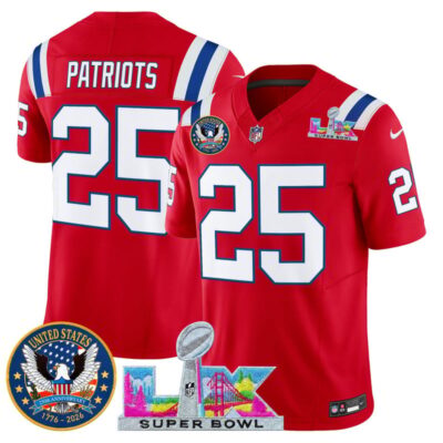 Men's New England Patriots "Super Bowl LX & United States 250th Patch" Vapor Limited Stitched Jersey - Red / #25 Patriots