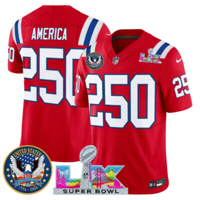 Men's New England Patriots "Super Bowl LX & United States 250th Patch" Vapor Limited Stitched Jersey - Red / #250 America