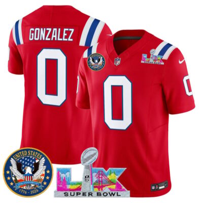 Men's New England Patriots "Super Bowl LX & United States 250th Patch" Vapor Limited Stitched Jersey - Red / Christian Gonzalez