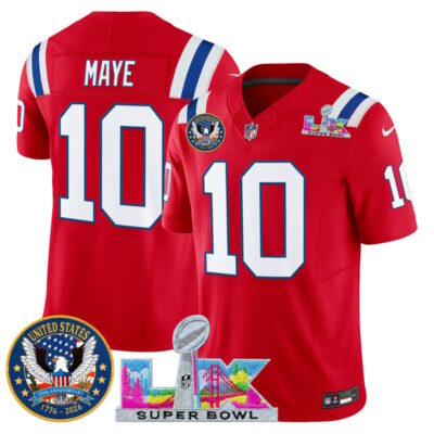Men's New England Patriots "Super Bowl LX & United States 250th Patch" Vapor Limited Stitched Jersey - Red / Drake Maye