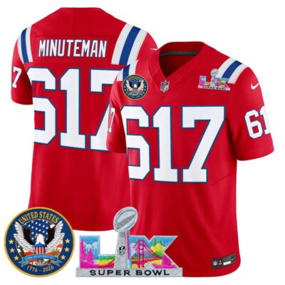 Men's New England Patriots "Super Bowl LX & United States 250th Patch" Vapor Limited Stitched Jersey - Red / Minuteman 617