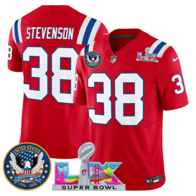 Men's New England Patriots "Super Bowl LX & United States 250th Patch" Vapor Limited Stitched Jersey - Red / Rhamondre Stevenson