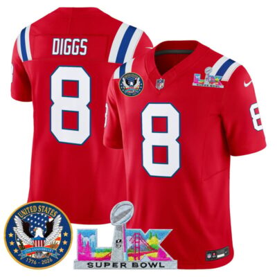 Men's New England Patriots "Super Bowl LX & United States 250th Patch" Vapor Limited Stitched Jersey - Red / Stefon Diggs