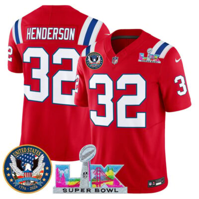 Men's New England Patriots "Super Bowl LX & United States 250th Patch" Vapor Limited Stitched Jersey - Red / TreVeyon Henderson