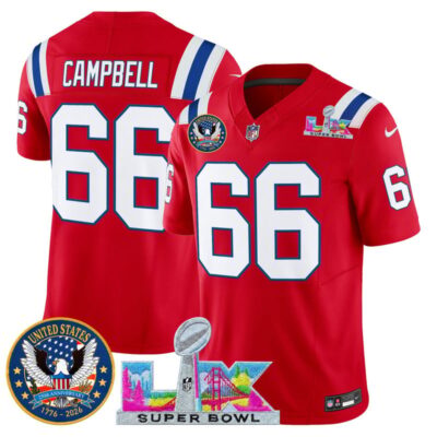 Men's New England Patriots "Super Bowl LX & United States 250th Patch" Vapor Limited Stitched Jersey - Red / Will Campbell