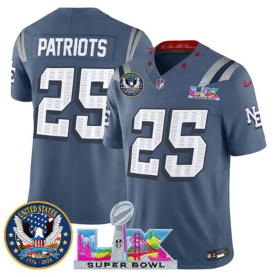 Men's New England Patriots "Super Bowl LX & United States 250th Patch" Vapor Limited Stitched Jersey - Storm Blue / #25 Patriots