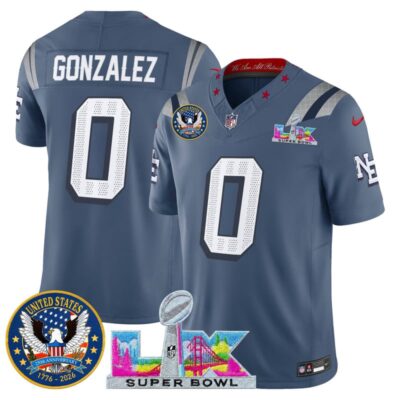 Men's New England Patriots "Super Bowl LX & United States 250th Patch" Vapor Limited Stitched Jersey - Storm Blue / Christian Gonzalez