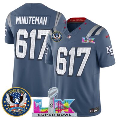 Men's New England Patriots "Super Bowl LX & United States 250th Patch" Vapor Limited Stitched Jersey - Storm Blue / Minuteman 617