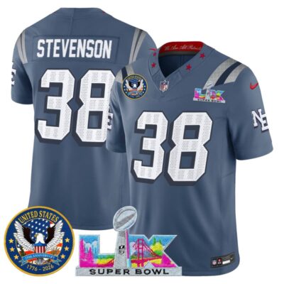 Men's New England Patriots "Super Bowl LX & United States 250th Patch" Vapor Limited Stitched Jersey - Storm Blue / Rhamondre Stevenson