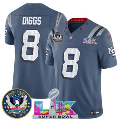 Men's New England Patriots "Super Bowl LX & United States 250th Patch" Vapor Limited Stitched Jersey - Storm Blue / Stefon Diggs