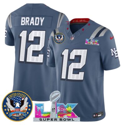 Men's New England Patriots "Super Bowl LX & United States 250th Patch" Vapor Limited Stitched Jersey - Storm Blue / Tom Brady