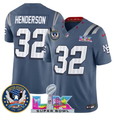 Men's New England Patriots "Super Bowl LX & United States 250th Patch" Vapor Limited Stitched Jersey - Storm Blue / TreVeyon Henderson