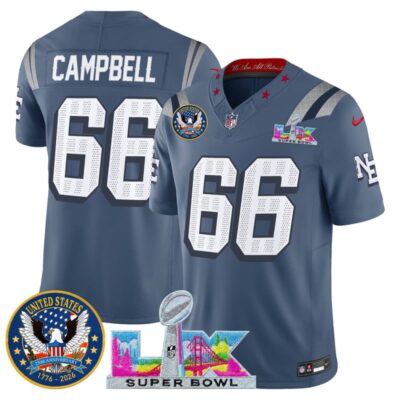 Men's New England Patriots "Super Bowl LX & United States 250th Patch" Vapor Limited Stitched Jersey - Storm Blue / Will Campbell
