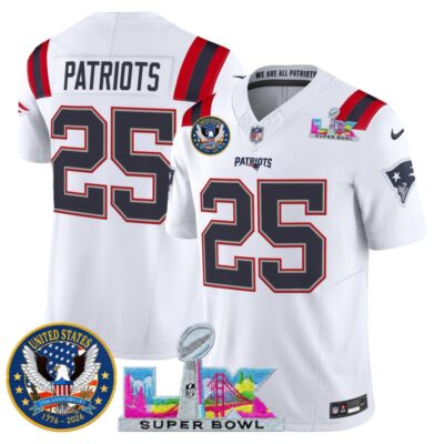 Men's New England Patriots "Super Bowl LX & United States 250th Patch" Vapor Limited Stitched Jersey - White / #25 Patriots