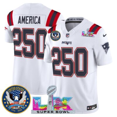 Men's New England Patriots "Super Bowl LX & United States 250th Patch" Vapor Limited Stitched Jersey - White / #250 America