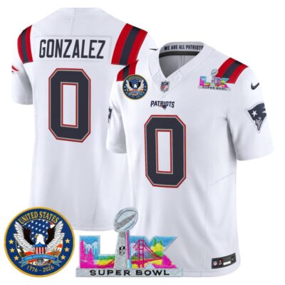 Men's New England Patriots "Super Bowl LX & United States 250th Patch" Vapor Limited Stitched Jersey - White / Christian Gonzalez