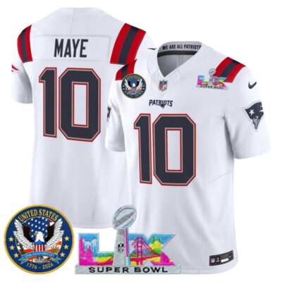 Men's New England Patriots "Super Bowl LX & United States 250th Patch" Vapor Limited Stitched Jersey - White / Drake Maye