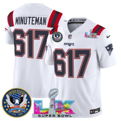 Men's New England Patriots "Super Bowl LX & United States 250th Patch" Vapor Limited Stitched Jersey - White / Minuteman 617