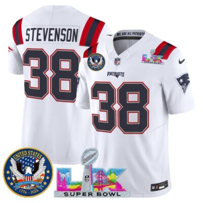 Men's New England Patriots "Super Bowl LX & United States 250th Patch" Vapor Limited Stitched Jersey - White / Rhamondre Stevenson