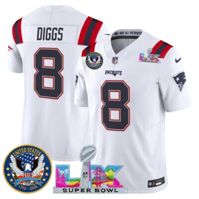 Men's New England Patriots "Super Bowl LX & United States 250th Patch" Vapor Limited Stitched Jersey - White / Stefon Diggs