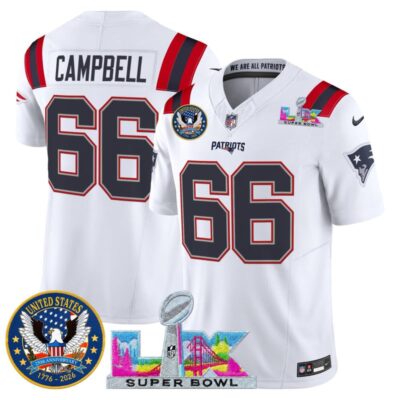 Men's New England Patriots "Super Bowl LX & United States 250th Patch" Vapor Limited Stitched Jersey - White / Will Campbell
