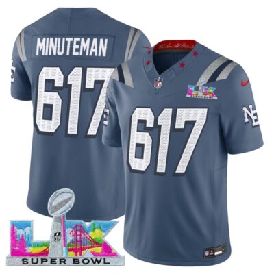 Men's New England Patriots Super Bowl LX Vapor Limited Stitched Jersey - Storm Blue / Minuteman 617