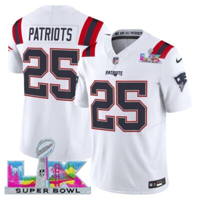 Men's New England Patriots Super Bowl LX Vapor Limited Stitched Jersey - White / #25 Patriots