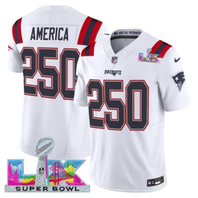 Men's New England Patriots Super Bowl LX Vapor Limited Stitched Jersey - White / #250 America
