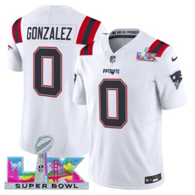 Men's New England Patriots Super Bowl LX Vapor Limited Stitched Jersey - White / Christian Gonzalez