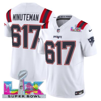 Men's New England Patriots Super Bowl LX Vapor Limited Stitched Jersey - White / Minuteman 617