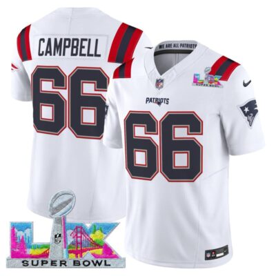 Men's New England Patriots Super Bowl LX Vapor Limited Stitched Jersey - White / Will Campbell