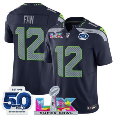 Men's Seattle Seahawks "Super Bowl LX & 50th Patch" Vapor Limited Stitched Jersey - College Navy / 12th Fan