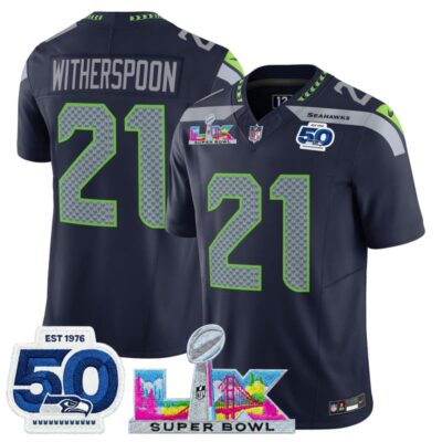 Men's Seattle Seahawks "Super Bowl LX & 50th Patch" Vapor Limited Stitched Jersey - College Navy / Devon Witherspoon