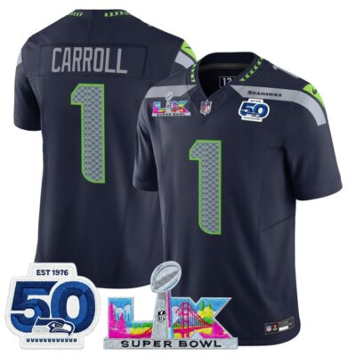 Men's Seattle Seahawks "Super Bowl LX & 50th Patch" Vapor Limited Stitched Jersey - College Navy / Pete Carroll