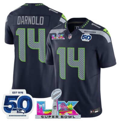 Men's Seattle Seahawks "Super Bowl LX & 50th Patch" Vapor Limited Stitched Jersey - College Navy / Sam Darnold