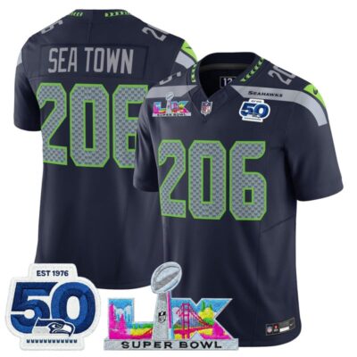 Men's Seattle Seahawks "Super Bowl LX & 50th Patch" Vapor Limited Stitched Jersey - College Navy / Sea Town 206