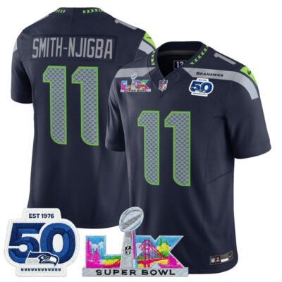 Men's Seattle Seahawks "Super Bowl LX & 50th Patch" Vapor Limited Stitched Jersey - College Navy / Smith-Njigba