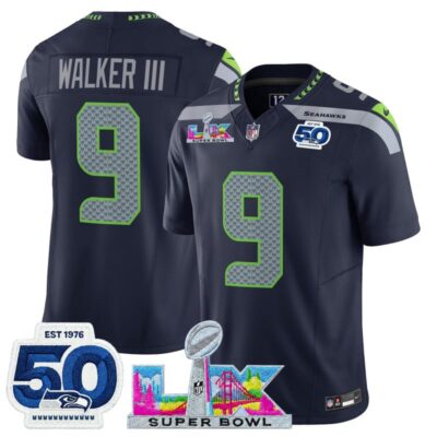 Men's Seattle Seahawks "Super Bowl LX & 50th Patch" Vapor Limited Stitched Jersey - College Navy / Walker III