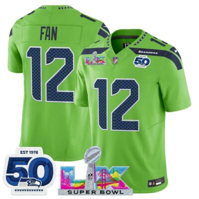 Men's Seattle Seahawks "Super Bowl LX & 50th Patch" Vapor Limited Stitched Jersey - Green / 12th Fan