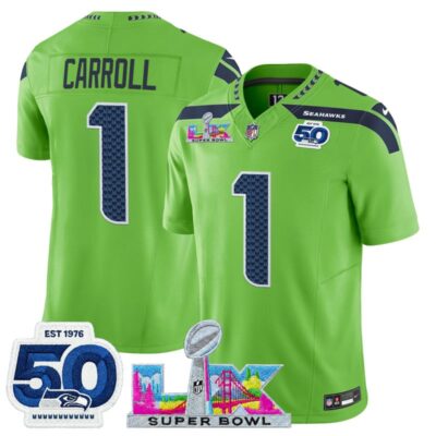 Men's Seattle Seahawks "Super Bowl LX & 50th Patch" Vapor Limited Stitched Jersey - Green / Pete Carroll