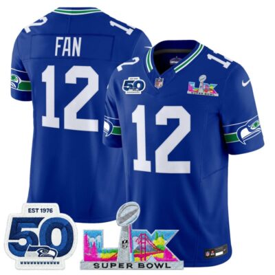 Men's Seattle Seahawks "Super Bowl LX & 50th Patch" Vapor Limited Stitched Jersey - Royal / 12th Fan
