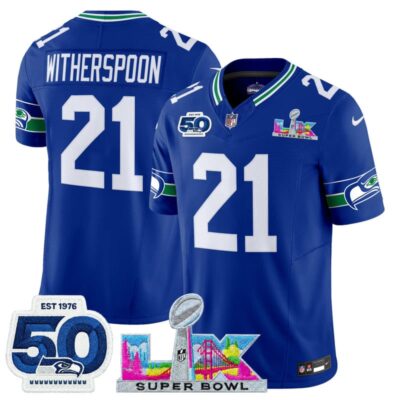 Men's Seattle Seahawks "Super Bowl LX & 50th Patch" Vapor Limited Stitched Jersey - Royal / Devon Witherspoon