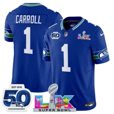 Men's Seattle Seahawks "Super Bowl LX & 50th Patch" Vapor Limited Stitched Jersey - Royal / Pete Carroll