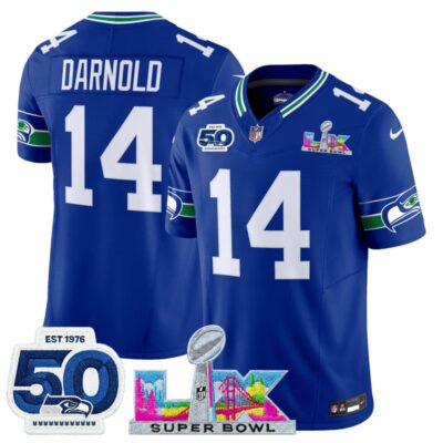 Men's Seattle Seahawks "Super Bowl LX & 50th Patch" Vapor Limited Stitched Jersey - Royal / Sam Darnold