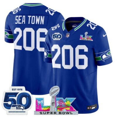 Men's Seattle Seahawks "Super Bowl LX & 50th Patch" Vapor Limited Stitched Jersey - Royal / Sea Town 206