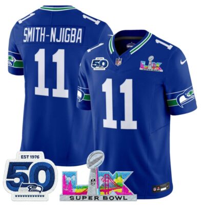 Men's Seattle Seahawks "Super Bowl LX & 50th Patch" Vapor Limited Stitched Jersey - Royal / Smith-Njigba