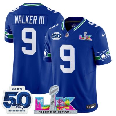 Men's Seattle Seahawks "Super Bowl LX & 50th Patch" Vapor Limited Stitched Jersey - Royal / Walker III