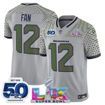 Men's Seattle Seahawks "Super Bowl LX & 50th Patch" Vapor Limited Stitched Jersey - Wolf Gray / 12th Fan