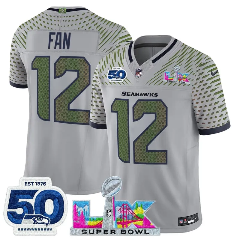 Men's Seattle Seahawks "Super Bowl LX & 50th Patch" Vapor Limited Stitched Jersey - Wolf Gray / 12th Fan