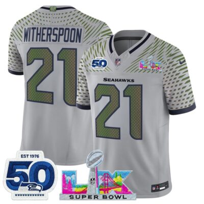 Men's Seattle Seahawks "Super Bowl LX & 50th Patch" Vapor Limited Stitched Jersey - Wolf Gray / Devon Witherspoon